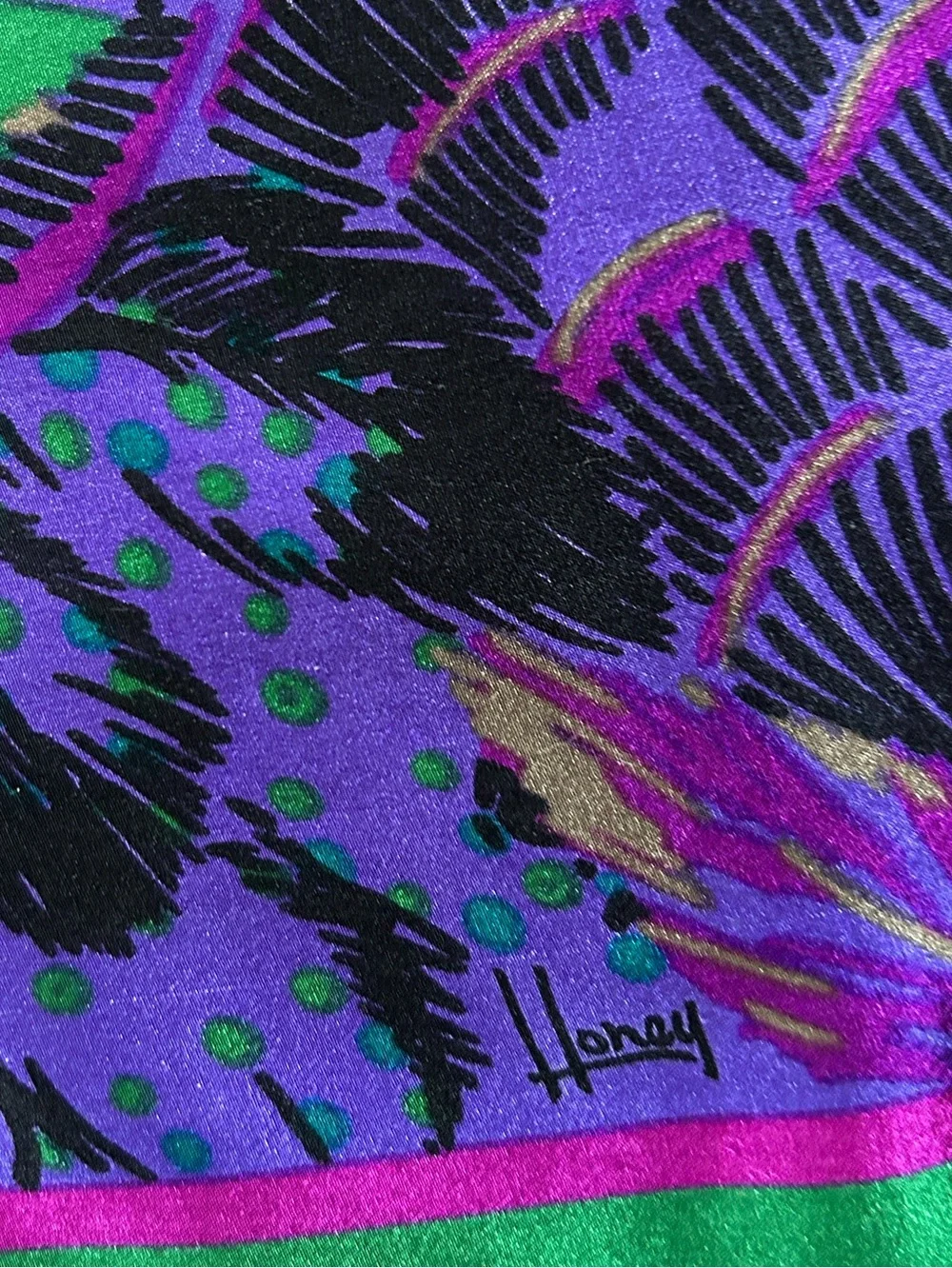 HONEY 100% Silk Scarf Jewel Tones Peacock Feathers  Made in Japan Vintage